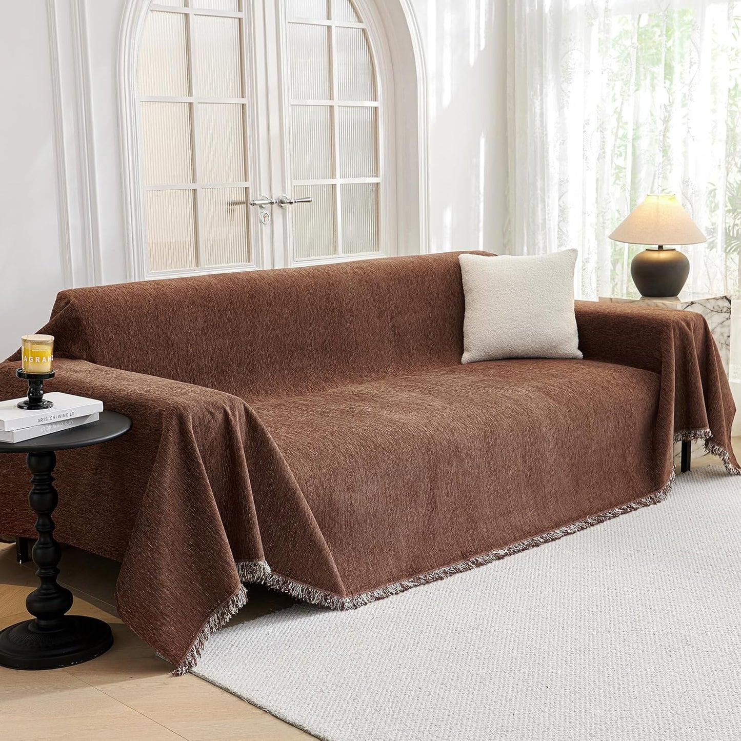 MYSKY HOME Couch Cover for Dogs, Washable Couch Covers, Non Slip Sofa Cover, Couch Cover 2 Cushion Sofa Dogs Furniture Protector with Tassels, Chenille Sofa Slipcover for Pets, 71"x118", Dark Grey
