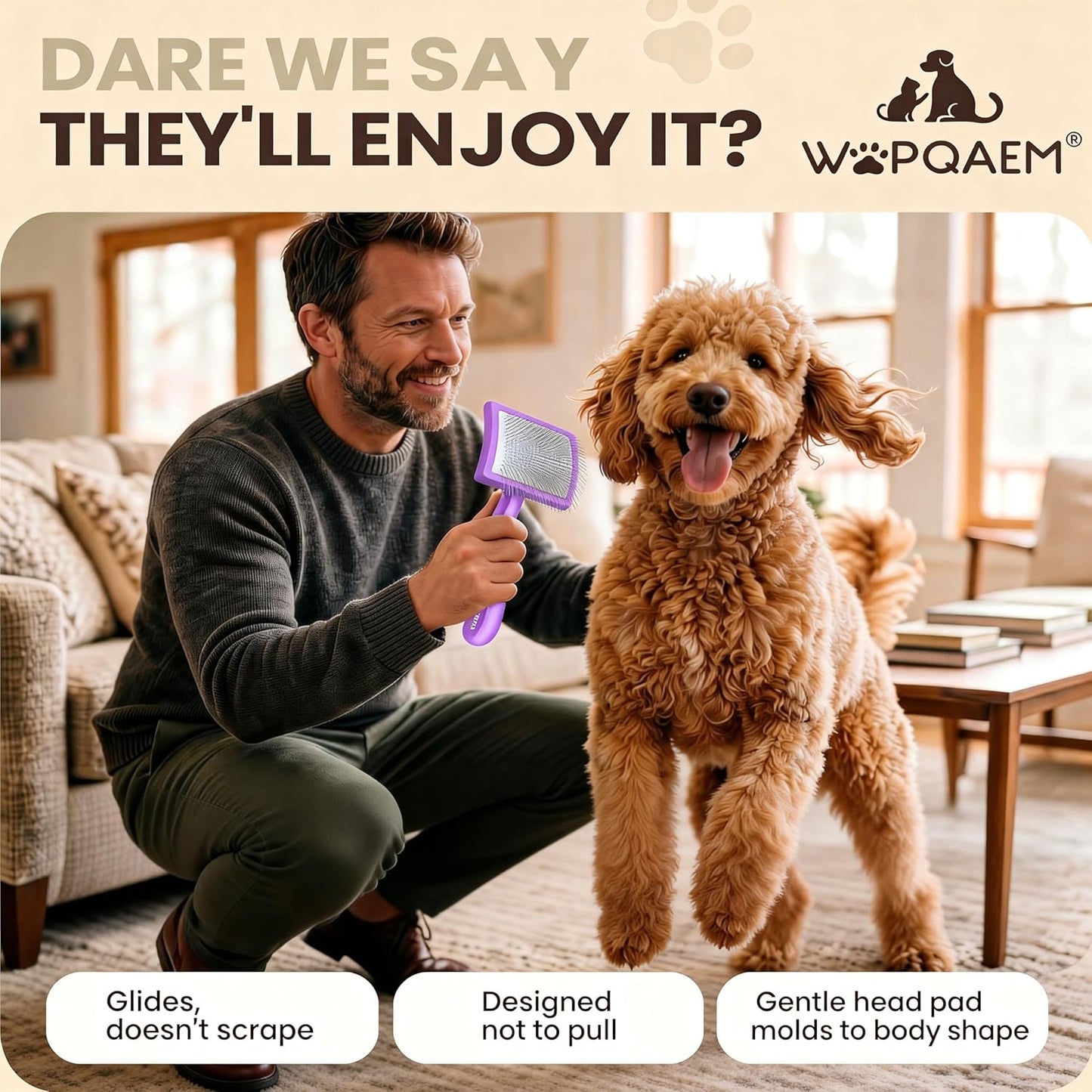Slicker Brush for Doodles and Poodles - 2-Piece Solid Wood Dog Grooming Set with Extra Long Pin Dematting Tool and Metal Comb for Curly, Matted & Thick Hair, Purple