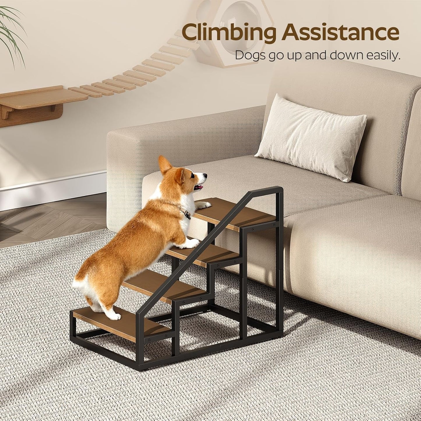 YATINEY Dog Stairs for Small Dogs, 4-Steps Dog Steps for High Beds and Couch, 20.5”H Pet Steps with Non-Slip, Rustic Brown and Black LT01BR