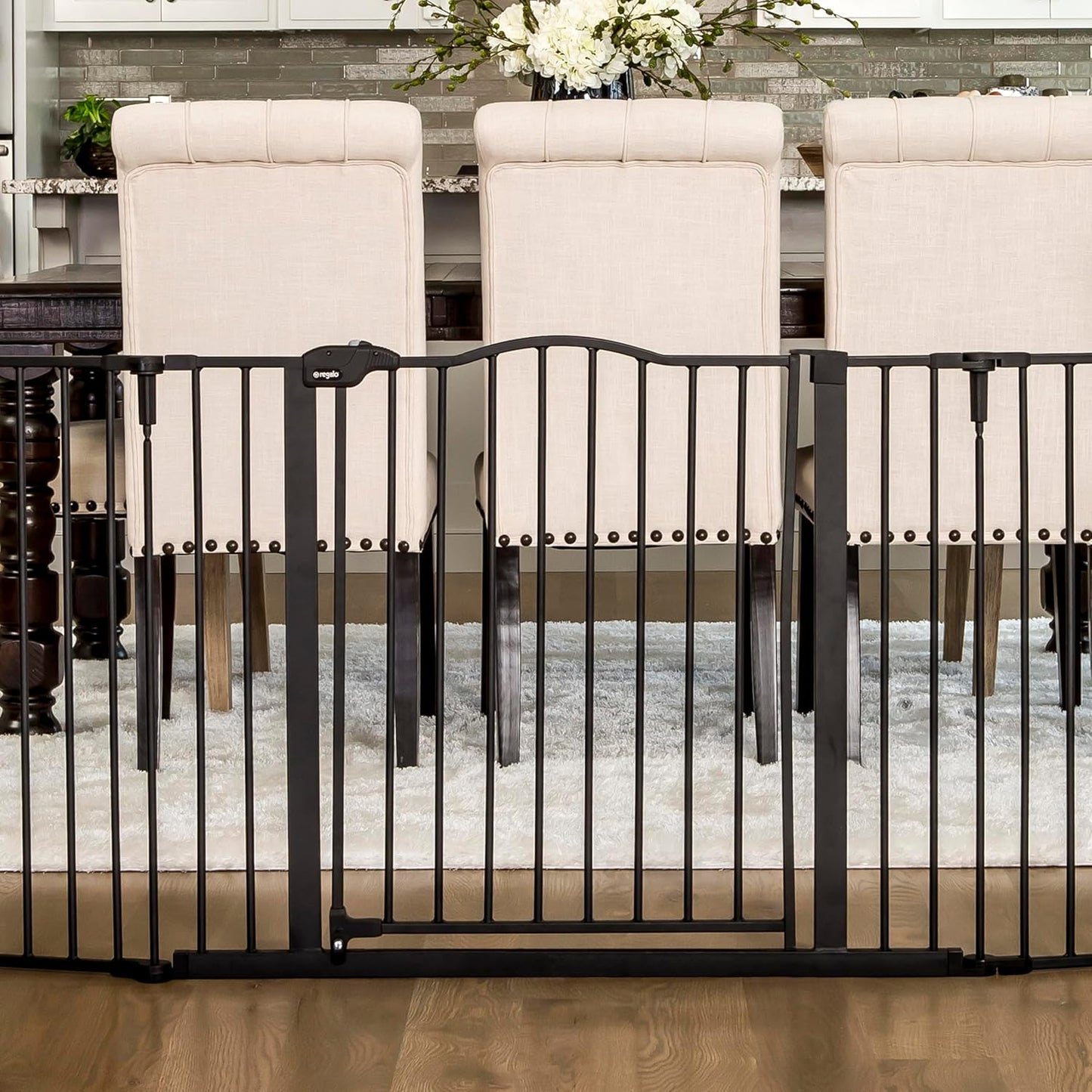 Regalo Safety 28"-76” Super Wide Configurable Baby Gate for Doorways & Open Spaces, 3-Panel Wall Mounted Safety Gate with Door for Babies, Toddlers & Pets, Includes Wall Mount Hardware