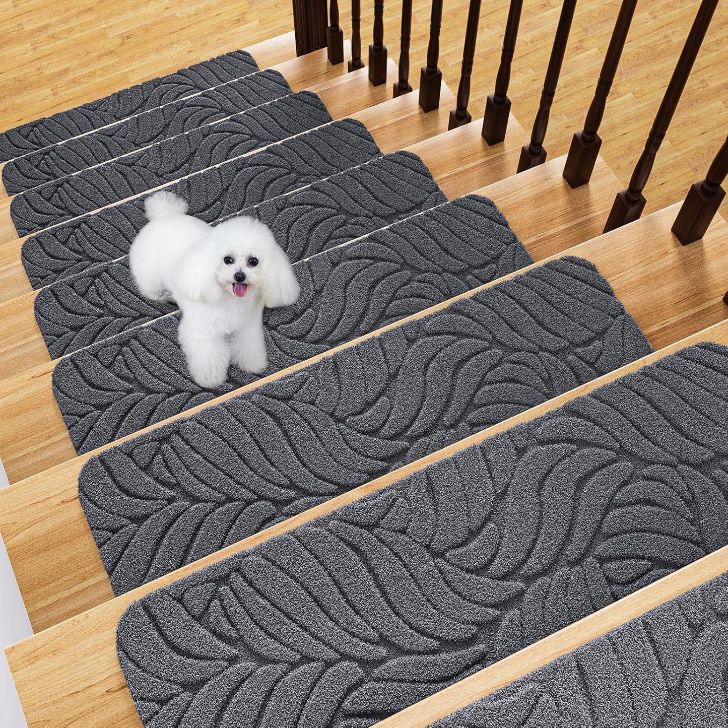 Fixmend Stair Treads Non Slip for Wooden Steps, 8" X 30" (15-Pack) Stair Runner Carpet Treads Indoor with Reusable Adhesive, Stairslide Carpets Rugs Safety Mats for Elders, Kids & Dogs, Dark Grey Leaf
