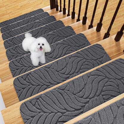 Fixmend Stair Treads Non Slip for Wooden Steps, 8" X 30" (15-Pack) Stair Runner Carpet Treads Indoor with Reusable Adhesive, Stairslide Carpets Rugs Safety Mats for Elders, Kids & Dogs, Dark Grey Leaf