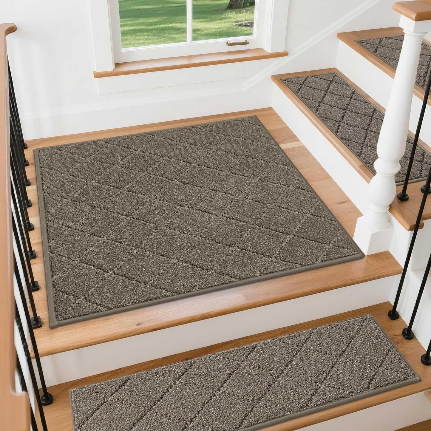 COSY HOMEER Edging Stair Treads Non-Slip Carpet Mat 28inX9in Indoor Stair Runners for Wooden Steps, Edging Stair Rugs for Kids and Dogs, 100% Polyester TPE Backing (7pc, Beige)
