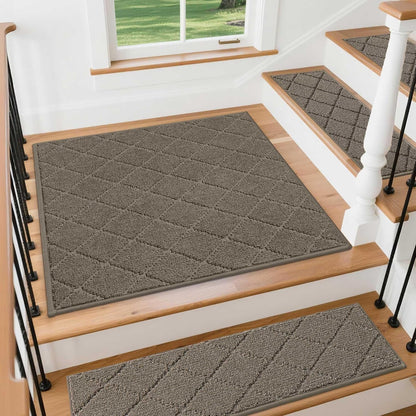 COSY HOMEER Edging Stair Treads Non-Slip Carpet Mat 28inX9in Indoor Stair Runners for Wooden Steps, Edging Stair Rugs for Kids and Dogs, 100% Polyester TPE Backing (7pc, Beige)