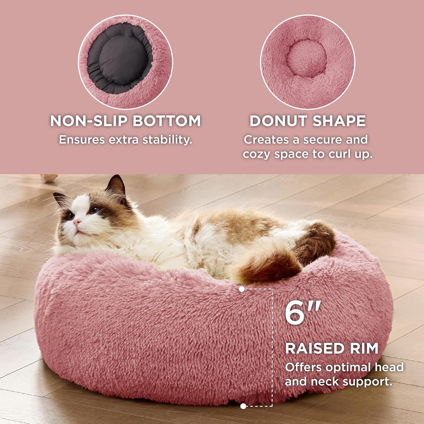Bedsure Calming Dog Bed Medium Size Dog - Donut Washable Medium Pet Bed, 30 inches Anti-Slip Round Fluffy Plush Faux Fur Cat Bed, Fits up to 45 lbs Pets, Camel