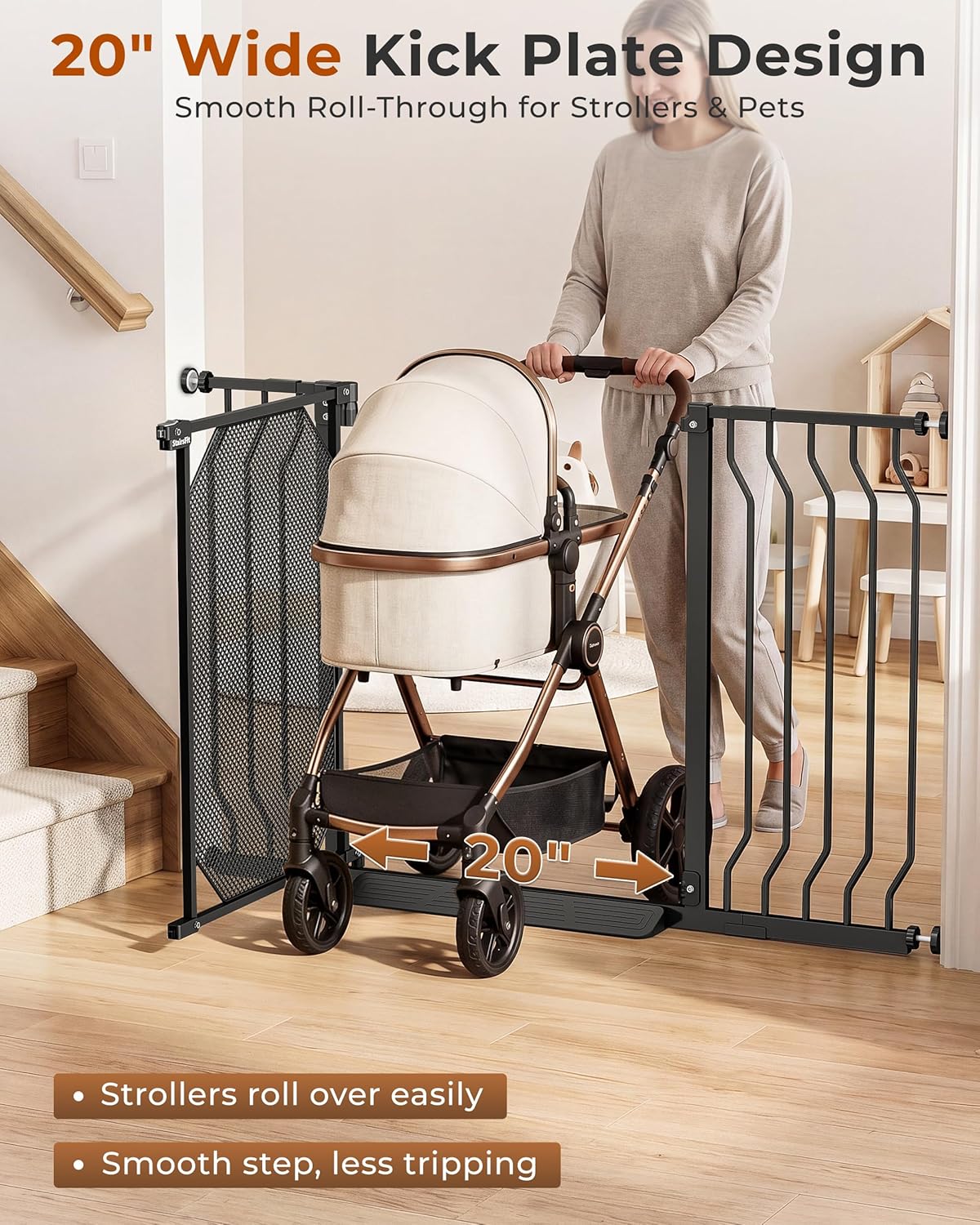 29.5-48" Baby Gate for Stairs, Child & Pet Proof, No-Drill Pressure Mount Auto Close One-Hand Operation, 30.5" Tall Indoor Dog Gate for Doorways, 4 Adjustable Sizes, Black