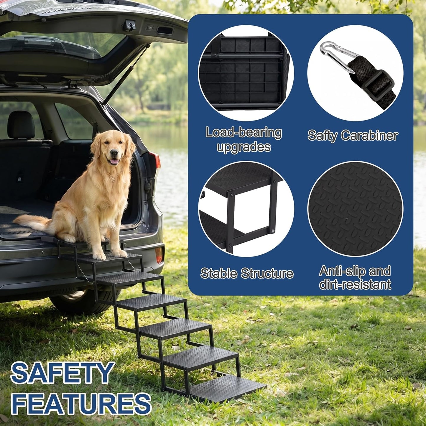 Dog Steps for Car, Truck, SUV, Dog Ramps for Cars with High Traction Surface, Portable Waterproof Dog Stairs for Large Dogs, Supports Up to 250 lbs, 7 Steps