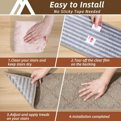COSY HOMEER Edging Stair Treads Non-Slip Carpet Mat 28inX9in Indoor Stair Runners for Wooden Steps, Edging Stair Rugs for Kids and Dogs, 100% Polyester TPE Backing (7pc, Beige)