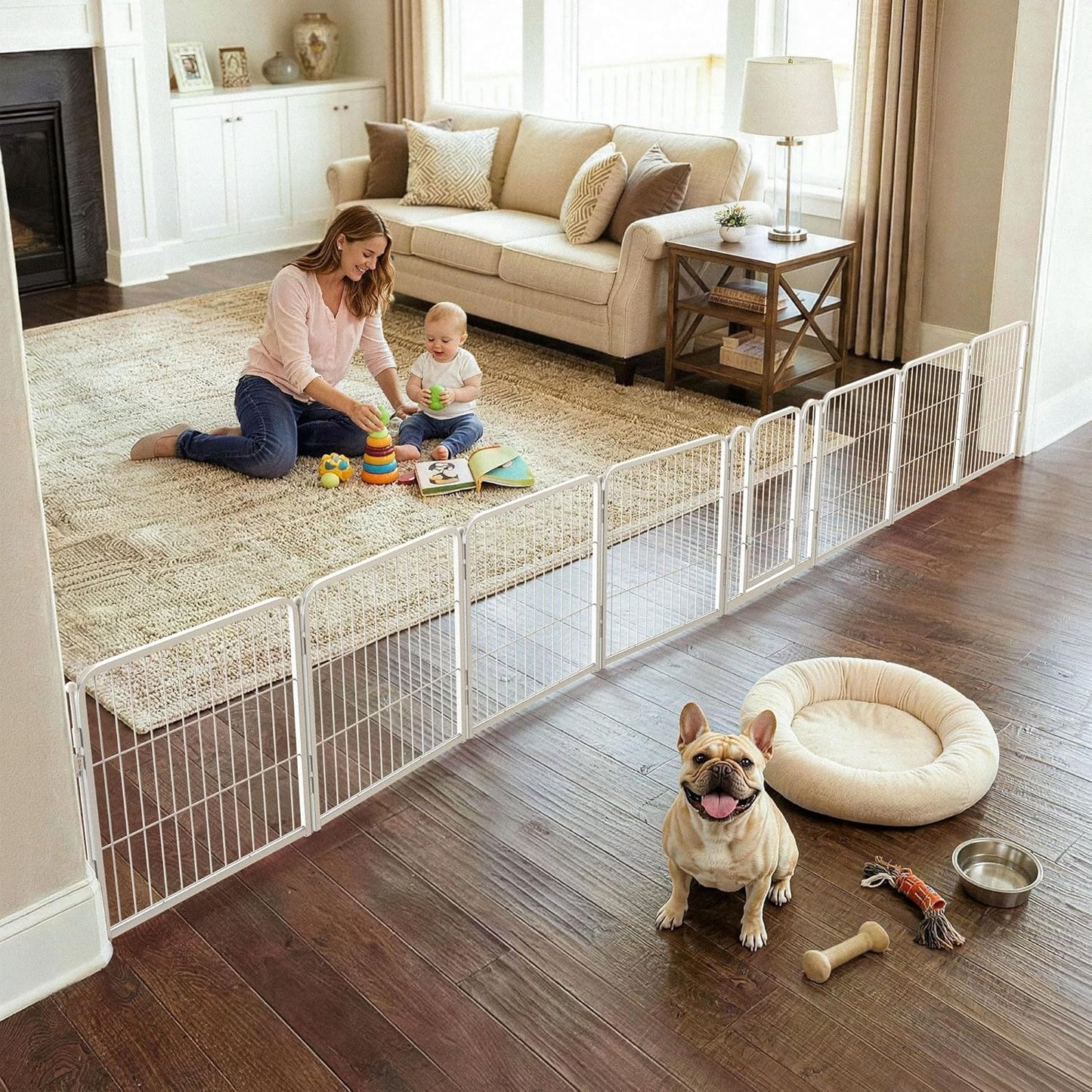 FXW Dog Gate Extra Wide Designed for Indoor Use, Adjustable Width Up to 183-inch Wide (24" H 8 Wire Panels for Puppies and Small Dogs), Black