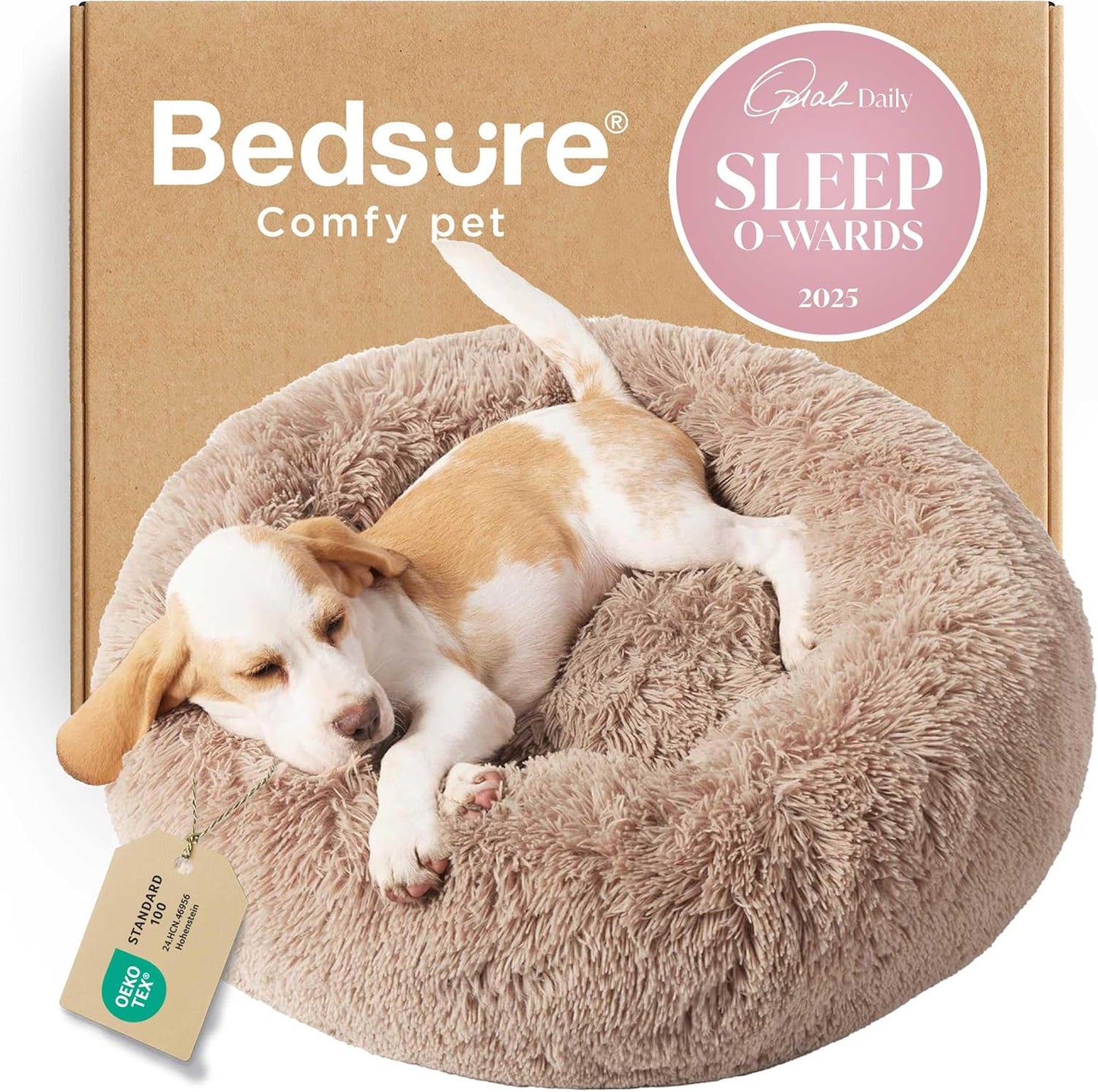 Bedsure Calming Dog Bed Medium Size Dog - Donut Washable Medium Pet Bed, 30 inches Anti-Slip Round Fluffy Plush Faux Fur Cat Bed, Fits up to 45 lbs Pets, Camel