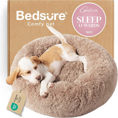 Bedsure Calming Dog Bed Medium Size Dog - Donut Washable Medium Pet Bed, 30 inches Anti-Slip Round Fluffy Plush Faux Fur Cat Bed, Fits up to 45 lbs Pets, Camel