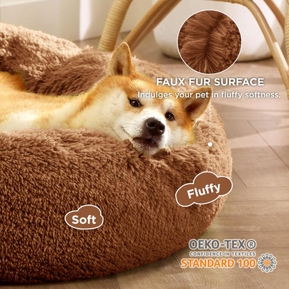 Bedsure Calming Dog Bed Medium Size Dog - Donut Washable Medium Pet Bed, 30 inches Anti-Slip Round Fluffy Plush Faux Fur Cat Bed, Fits up to 45 lbs Pets, Camel