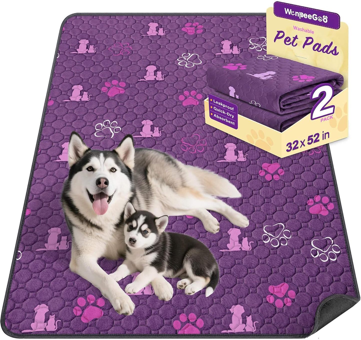 WanpeeGoo Washable Pee Pads for Dogs, 4 Pack Absorbent Reusable Training Dog Pads Pet Puppy Pads, Non-Slip Potty Pads for Whelping, Playpen, Crate, Bed, Grey 18"x24"