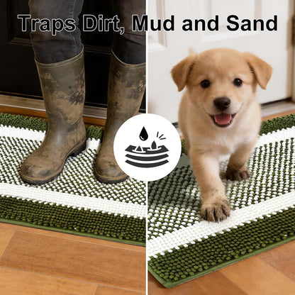 pobopobo Dog Door Mat for Muddy Paws - Absorbent & Washable Chenille Rug, Non-Slip Dirt Trapper for Indoor Outdoor Entryway, Quick Dry Pet Mat for Muddy Dogs (Striped Gray-Blue&White, 24" x 16")