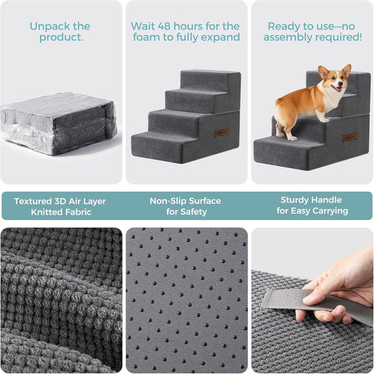 Dog Stairs, Steps and Ramp for High Bed & Sofa, 13-24" H Detachable Pet Stairs for Small Medium Dogs, Sturdy 40D Foam, Non-Slip, Washable Cover with Lint Roller, Grey