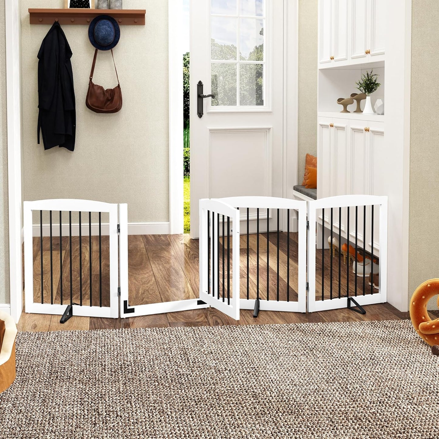 PUPETPO Freestanding Dog Gate with Door, Pet Gate for Stairs, 80 inch Wide Pet Barrier Indoor, Dog Fences Indoor, Support Feet Included, 4 Panels, 24" Tall, Dark Brown