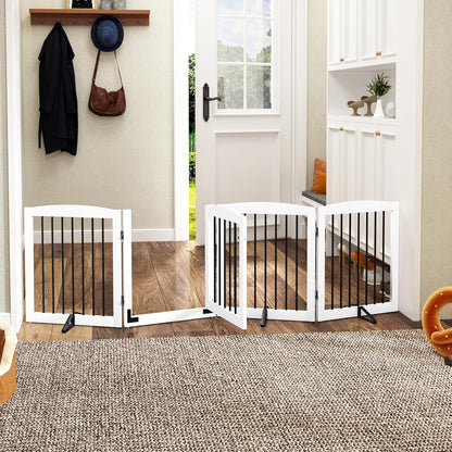 PUPETPO Freestanding Dog Gate with Door, Pet Gate for Stairs, 80 inch Wide Pet Barrier Indoor, Dog Fences Indoor, Support Feet Included, 4 Panels, 24" Tall, Dark Brown