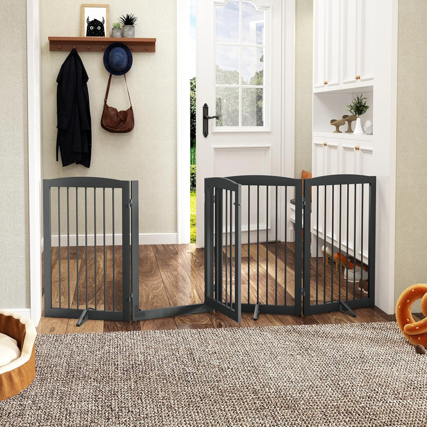 PUPETPO Freestanding Dog Gate with Door, Pet Gate for Stairs, 80 inch Wide Pet Barrier Indoor, Dog Fences Indoor, Support Feet Included, 4 Panels, 24" Tall, Dark Brown