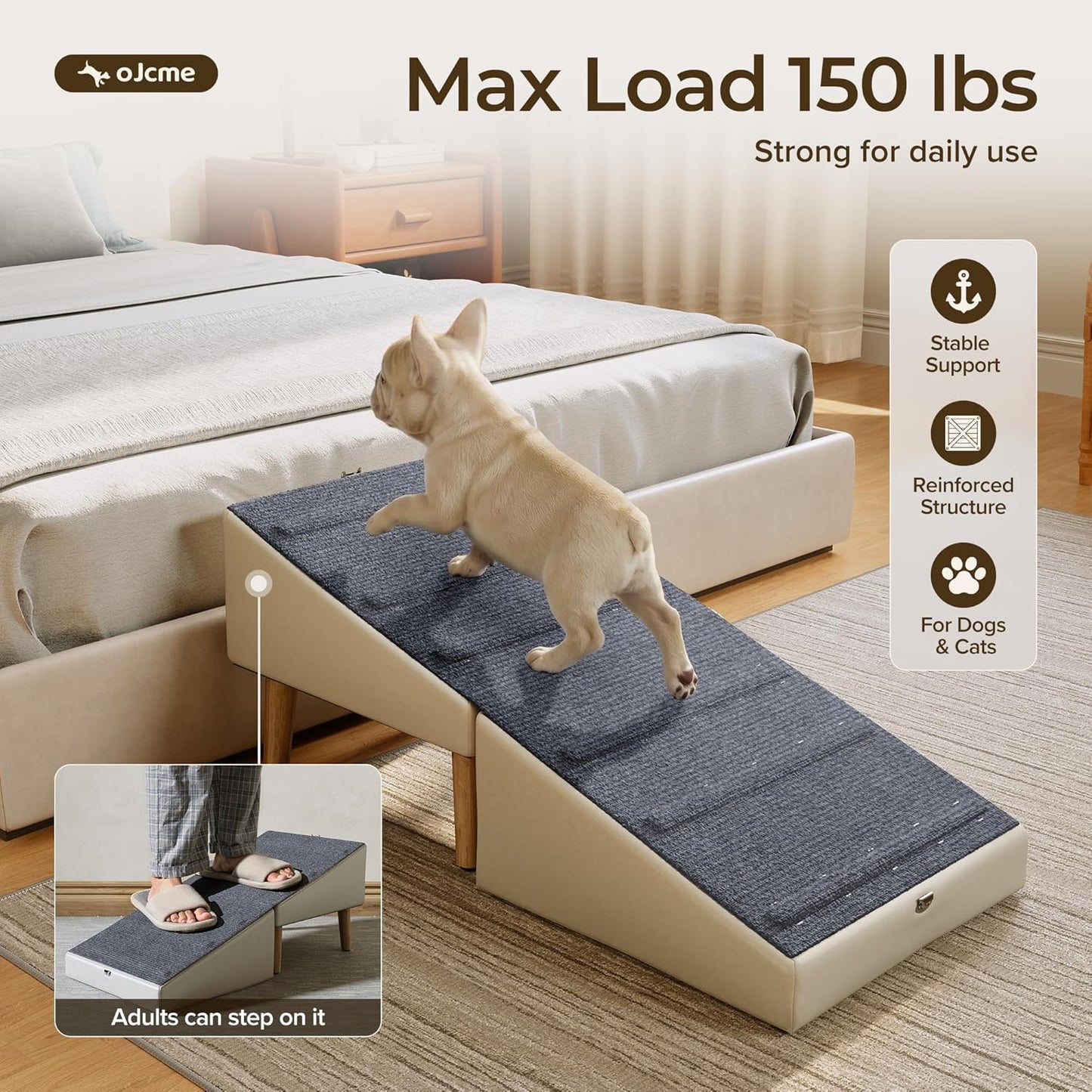 2 in 1 Ottoman Dog Ramp, Split Pet Stairs Footstool for Couch, Folding Dog Ramp Stool with 6 Anti Slip Wooden Rails, Fabric Surface, 4 Leveling Feet, 150 lb Capacity, Easy Clean Faux Leather