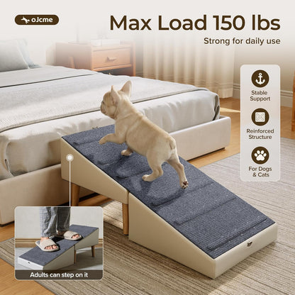 2 in 1 Ottoman Dog Ramp, Split Pet Stairs Footstool for Couch, Folding Dog Ramp Stool with 6 Anti Slip Wooden Rails, Fabric Surface, 4 Leveling Feet, 150 lb Capacity, Easy Clean Faux Leather