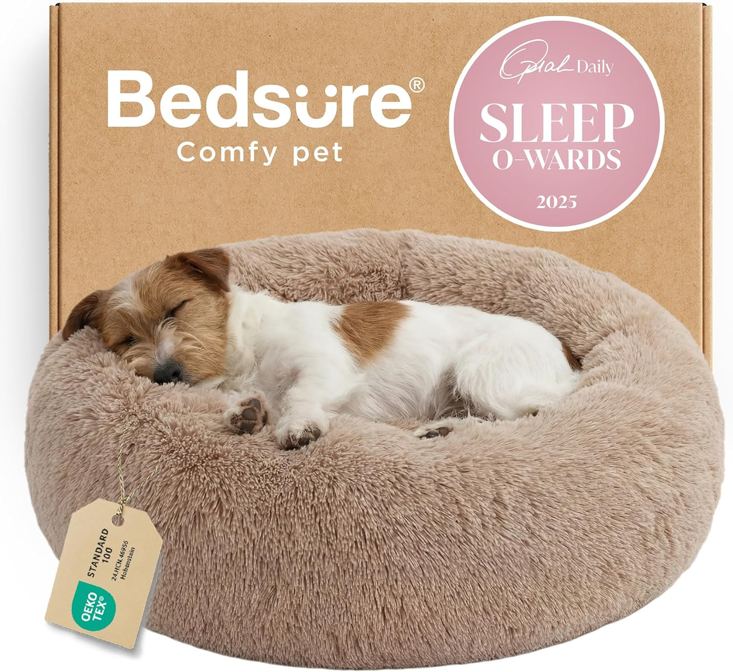 Bedsure Calming Dog Bed Medium Size Dog - Donut Washable Medium Pet Bed, 30 inches Anti-Slip Round Fluffy Plush Faux Fur Cat Bed, Fits up to 45 lbs Pets, Camel