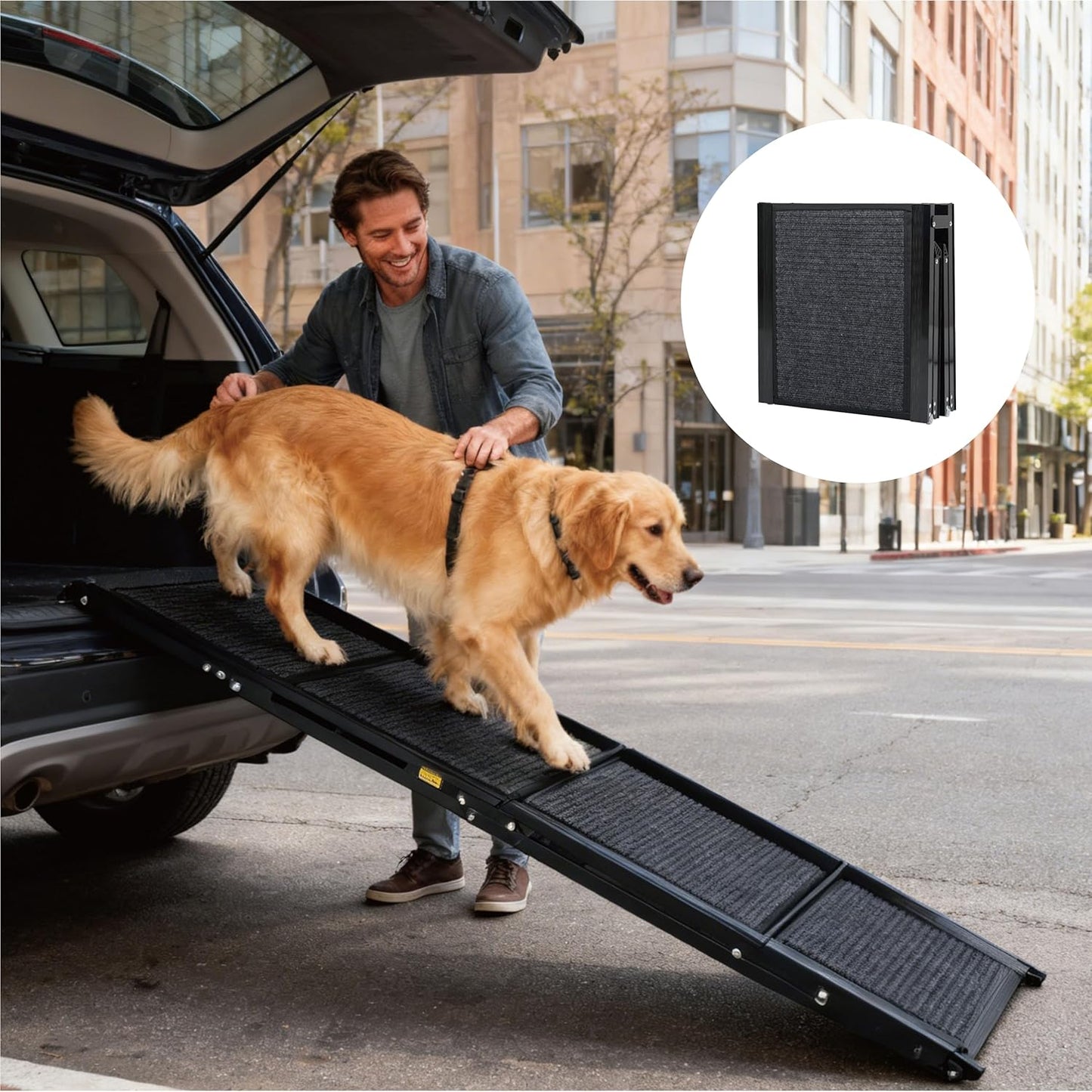 Dog Ramp for Car, Folding Dog Ramp for Large Dogs up to 250 lbs, Portable Dog Ramp for Truck, SUV & High Bed, Non-Slip Surface, Easy to Carry, Black (65" x 17.2")