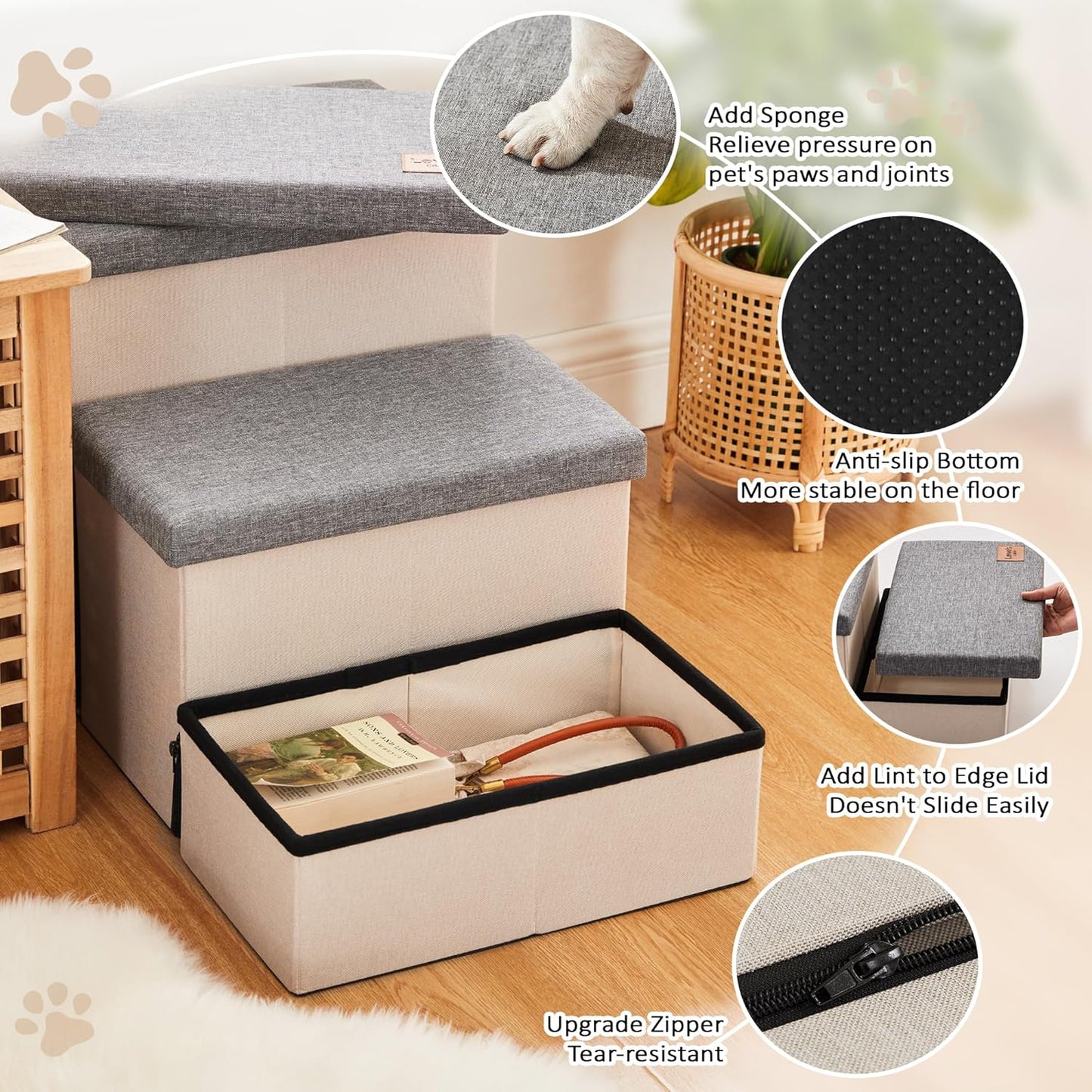 Love's cabin Dog Stairs with Storage 13" H, Foldable Pet Stairs for Small Medium or Large Dogs, Cat Puppy Steps Ramp with Zip up to 150 lbs, Solid Grey, 2 Steps