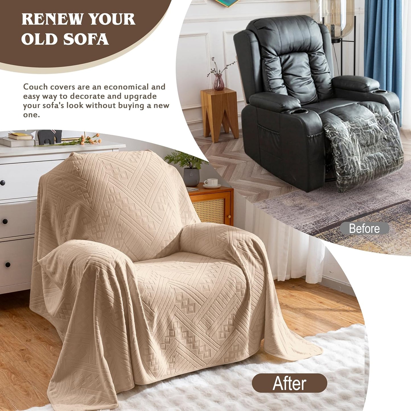 Waterproof Couch Cover, Reversible, Pet-Friendly, Washable and Anti-Slip Couch Covers for Sofa Protection with 3 Cushions, Sofa Slipcovers for Dogs and Cats (71×118in/Brown)