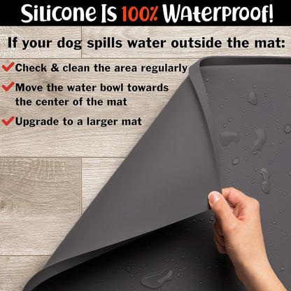 DogBuddy Dog Food Mat – Waterproof Dog Bowl Mat for Food and Water, Silicone Pet Feeding Mats for Floors, Non-Slip Placemat with High Edges for Dogs Bowls, Puppy Essentials (L: 24" x 16", Shadow)