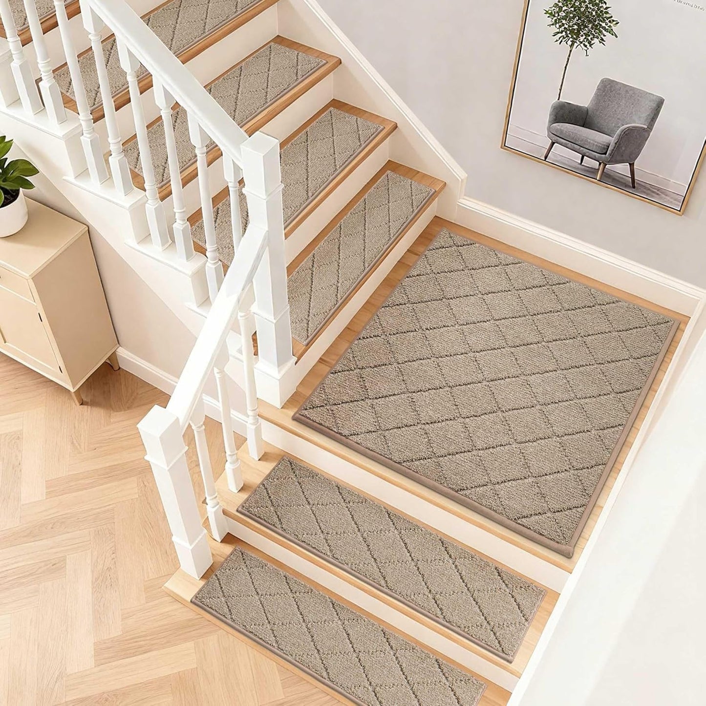 COSY HOMEER Edging Stair Treads Non-Slip Carpet Mat 28inX9in Indoor Stair Runners for Wooden Steps, Edging Stair Rugs for Kids and Dogs, 100% Polyester TPE Backing (7pc, Beige)