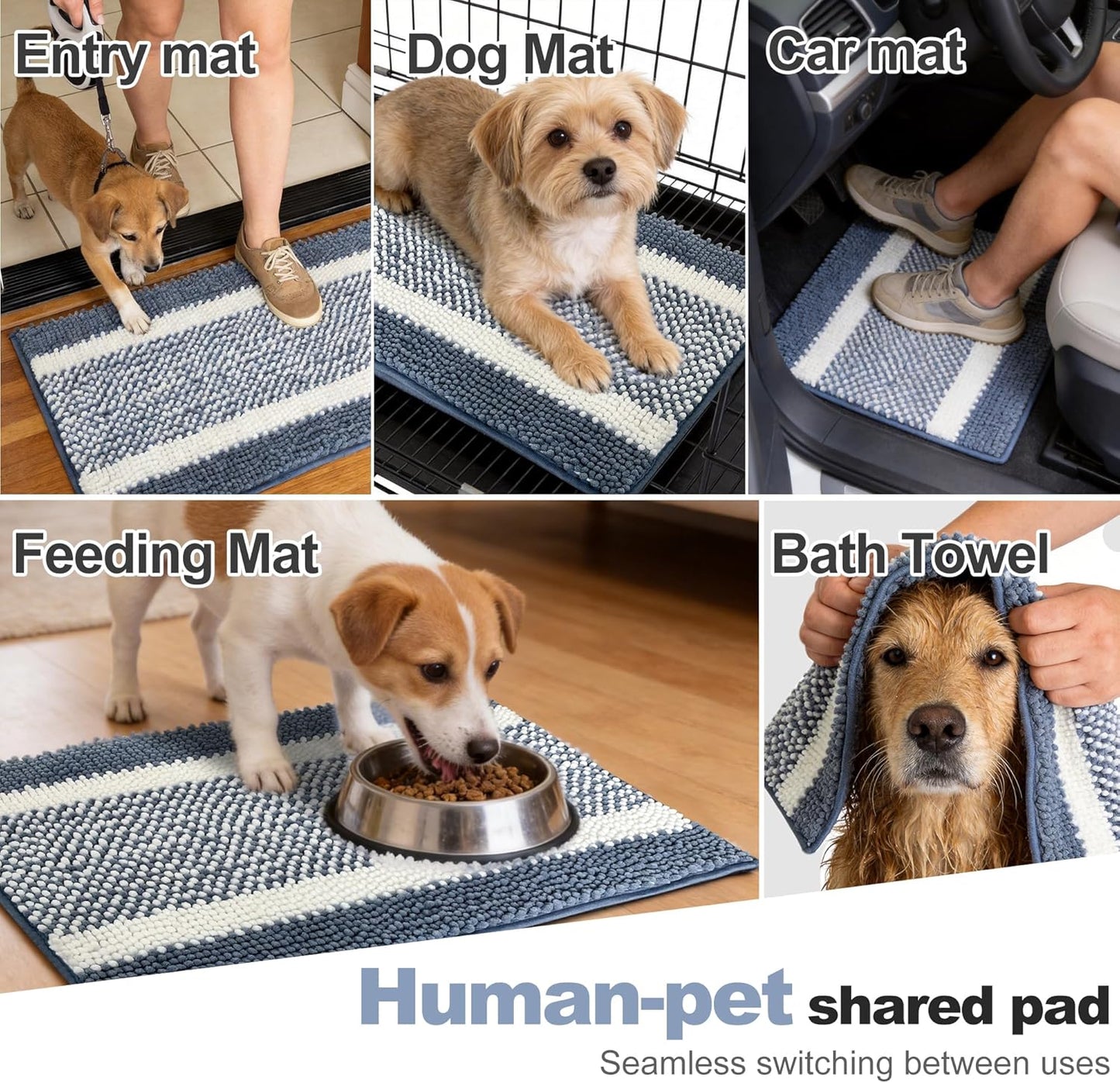 pobopobo Dog Door Mat for Muddy Paws - Absorbent & Washable Chenille Rug, Non-Slip Dirt Trapper for Indoor Outdoor Entryway, Quick Dry Pet Mat for Muddy Dogs (Striped Gray-Blue&White, 24" x 16")
