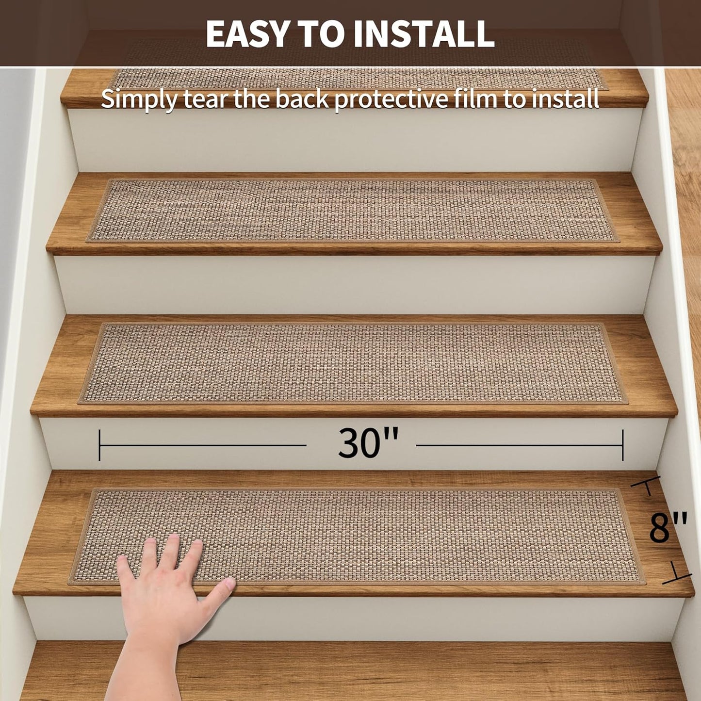 GROWLING Linen Stair Treads for Wooden Steps Indoor 30x8 inch, 15pcs Upgraded Self Adhesive Backing Non Slip Stair Carpets, Peel and Stick Stair Runner Rugs, Reusable Staircase Step Treads(Brown)