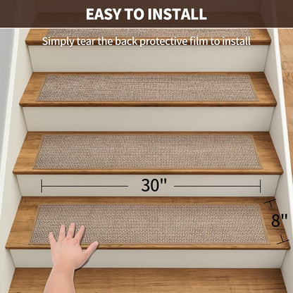 GROWLING Linen Stair Treads for Wooden Steps Indoor 30x8 inch, 15pcs Upgraded Self Adhesive Backing Non Slip Stair Carpets, Peel and Stick Stair Runner Rugs, Reusable Staircase Step Treads(Brown)