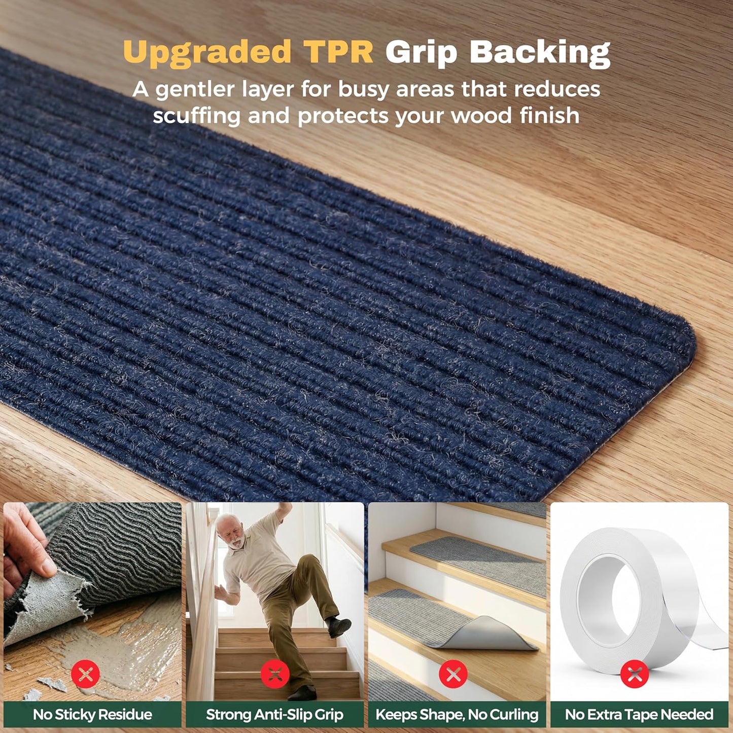MBIGM 8" X 30" (15 in Pack) Nonslip Carpet Stair Treads Non-Skid Safety Rug Slip Resistant Indoor Runner for Kids Elders & Pets with Reusable Adhesive - Brown - Non Slip Stair Treads Indoor
