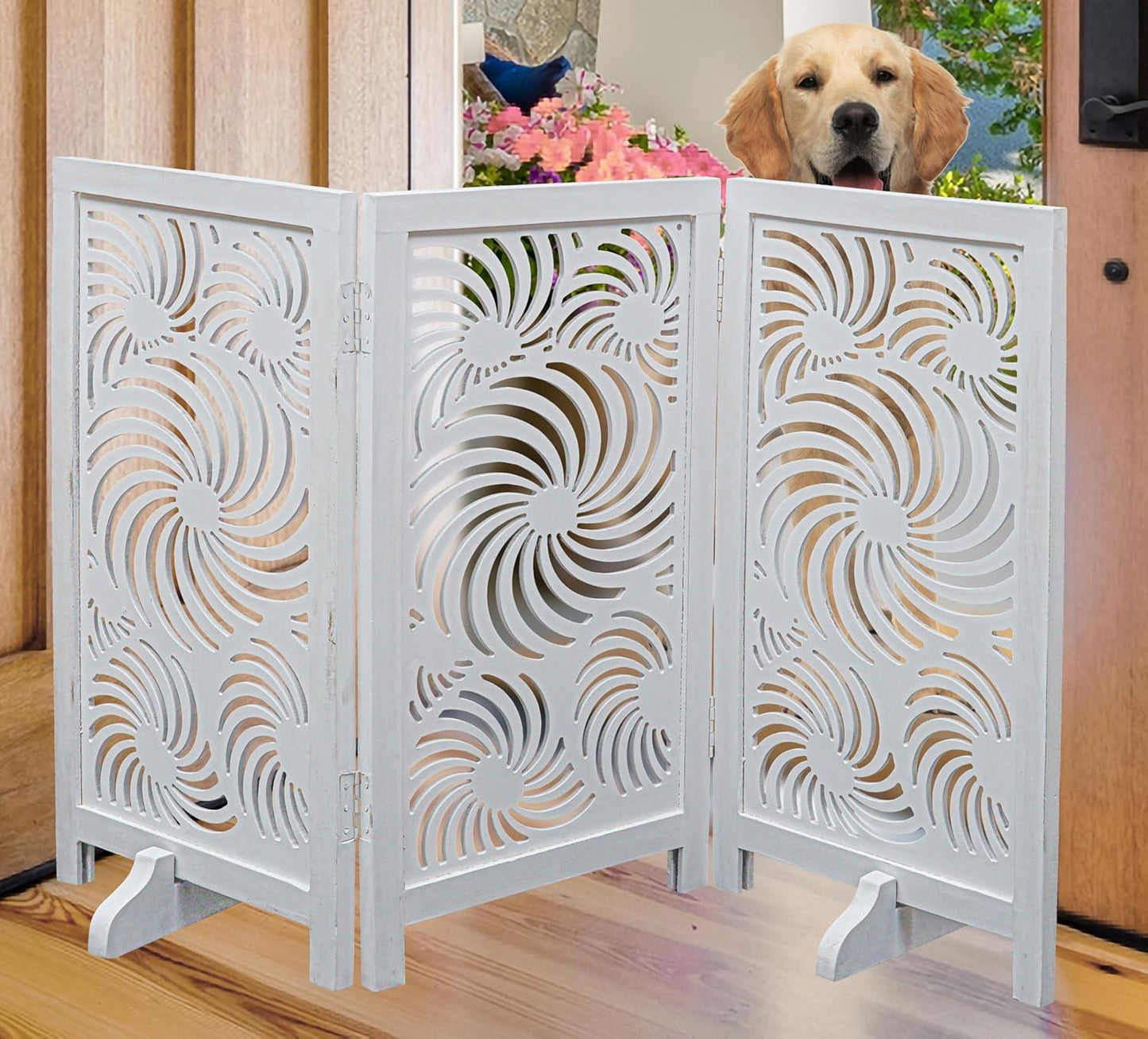 Freestanding Pet Gate for Dogs, Foldable Wooden Dog Gate for House, Indoor Dog Gate for Stair, Doorway, House Design Gates for Dogs Indoor, 72 Inch Wide, (18" x4 Panels 72 inch), Burnt Finish
