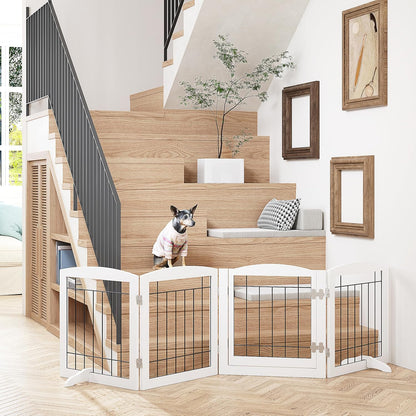 PAWLAND Free Standing Dog Gates for The House Stairs Doorways Indoor Foldable Wooden Small White Puppy Pet Gate Step Over Fence 60" W 24" H 3 Panels
