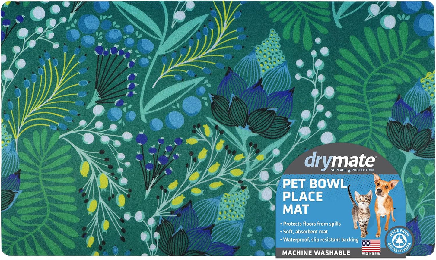 Drymate Pet Bowl Placemat, Dog & Cat Food Feeding Mat - Absorbent Fabric, Waterproof Backing, Slip-Resistant - Machine Washable/Durable (USA Made) (12” x 20”) (Indigo)