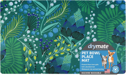 Drymate Pet Bowl Placemat, Dog & Cat Food Feeding Mat - Absorbent Fabric, Waterproof Backing, Slip-Resistant - Machine Washable/Durable (USA Made) (12” x 20”) (Indigo)