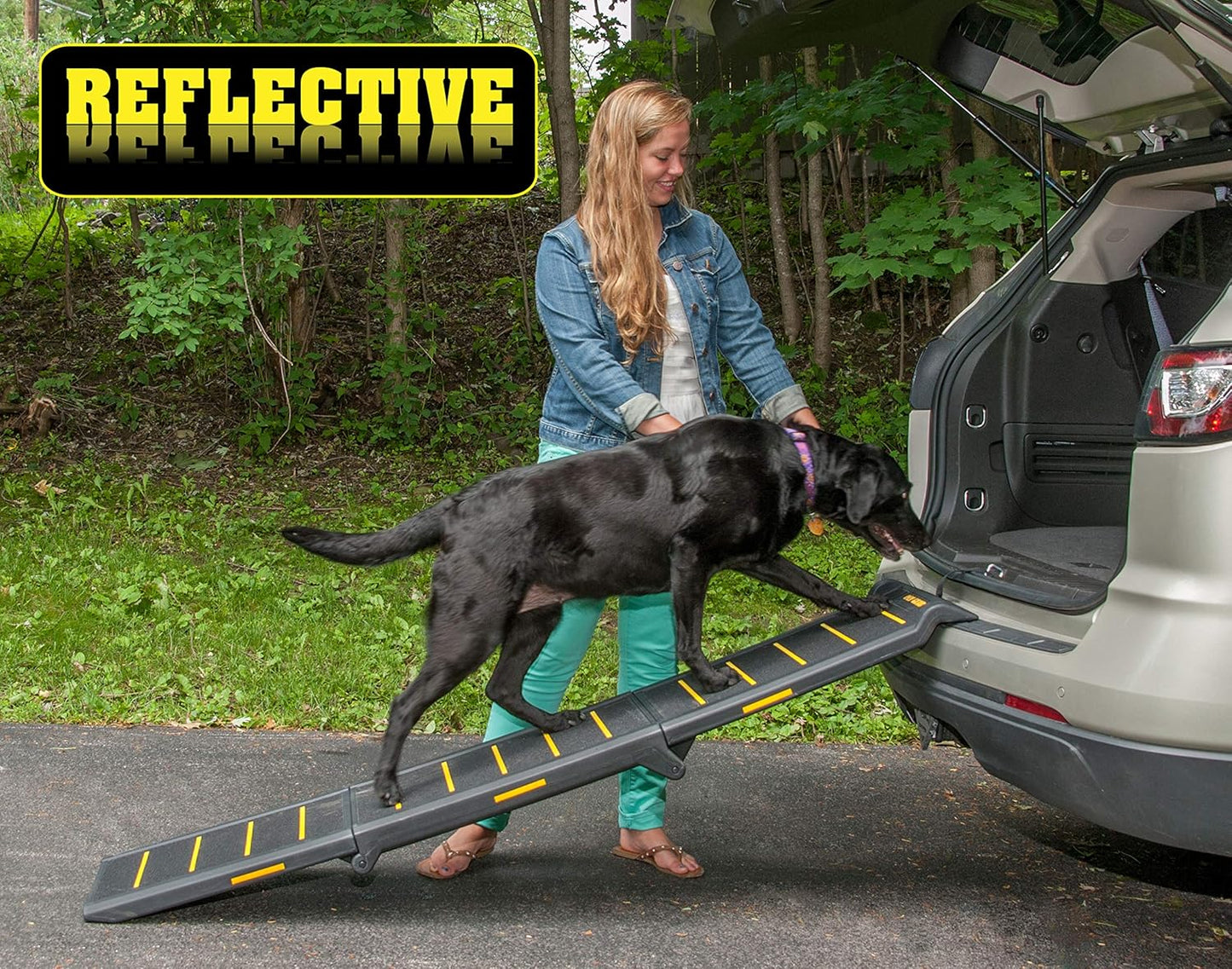 Pet Gear Travel Lite Ramps for Dogs and Cats, Compact Easy-Fold, Lightweight and Portable, Built-in Carry Handle, Supports 200lbs, Size 71" x 16", Yellow- Reflective