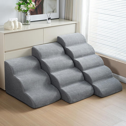 Dog Stairs, 15.7” H – 3-Step Foam Ramp for Small Dogs & Cats, Waterproof Washable Cover, Non-Slip Base, Lightweight Pet Ladder for Couch or Bed (Grey)