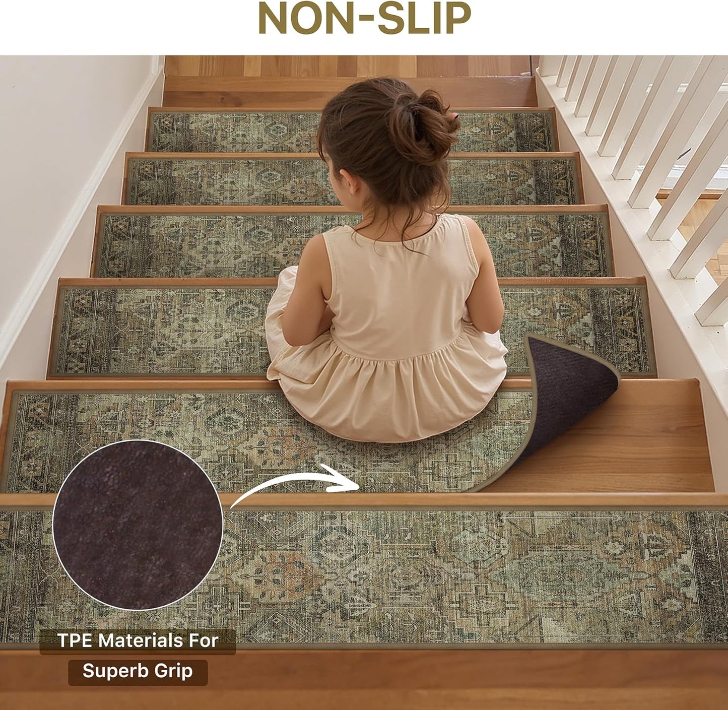 sarben Non Slip Stair Treads for Wooden Steps 15PCS - 8"x30" Indoor Safety Carpet, Edging Mats with TPE Adhesive Backing, Pet and Elderly Friendly Stair Rugs (Taupe) - Colors B