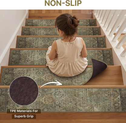 sarben Non Slip Stair Treads for Wooden Steps 15PCS - 8"x30" Indoor Safety Carpet, Edging Mats with TPE Adhesive Backing, Pet and Elderly Friendly Stair Rugs (Taupe) - Colors B