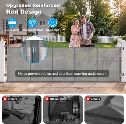 108" Wide Weatherproof Outdoor Retractable Dog Gates Extra Wide with Rust-Proof Stainless Steel Hardware& Waterproof Mesh, Reinforced 9 Ft Extra Long Retractable Baby Gate to Prevent Crawling Through