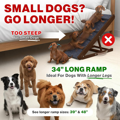 Adjustable Dog Ramp for Bed - 34" Long Foldable Wooden Ramp for Dogs to Get on Bed, Couch, or Car with 12.6" Wide Walking Space (Natural Wood with Gray Carpet)