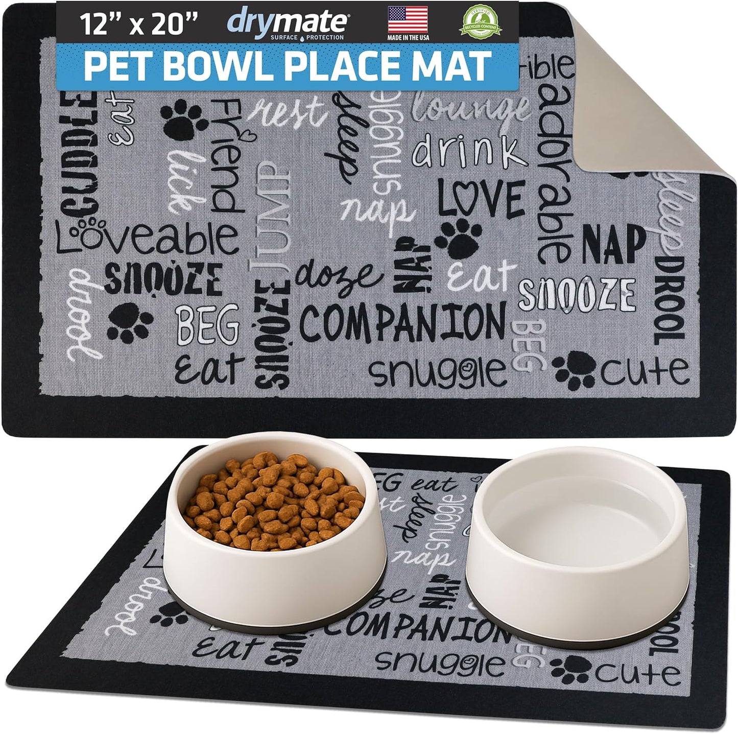 Drymate Pet Bowl Placemat, Dog & Cat Food Feeding Mat - Absorbent Fabric, Waterproof Backing, Slip-Resistant - Machine Washable/Durable (USA Made) (12” x 20”) (Indigo)