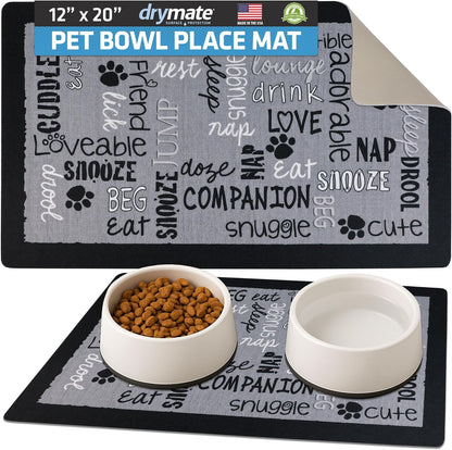 Drymate Pet Bowl Placemat, Dog & Cat Food Feeding Mat - Absorbent Fabric, Waterproof Backing, Slip-Resistant - Machine Washable/Durable (USA Made) (12” x 20”) (Indigo)