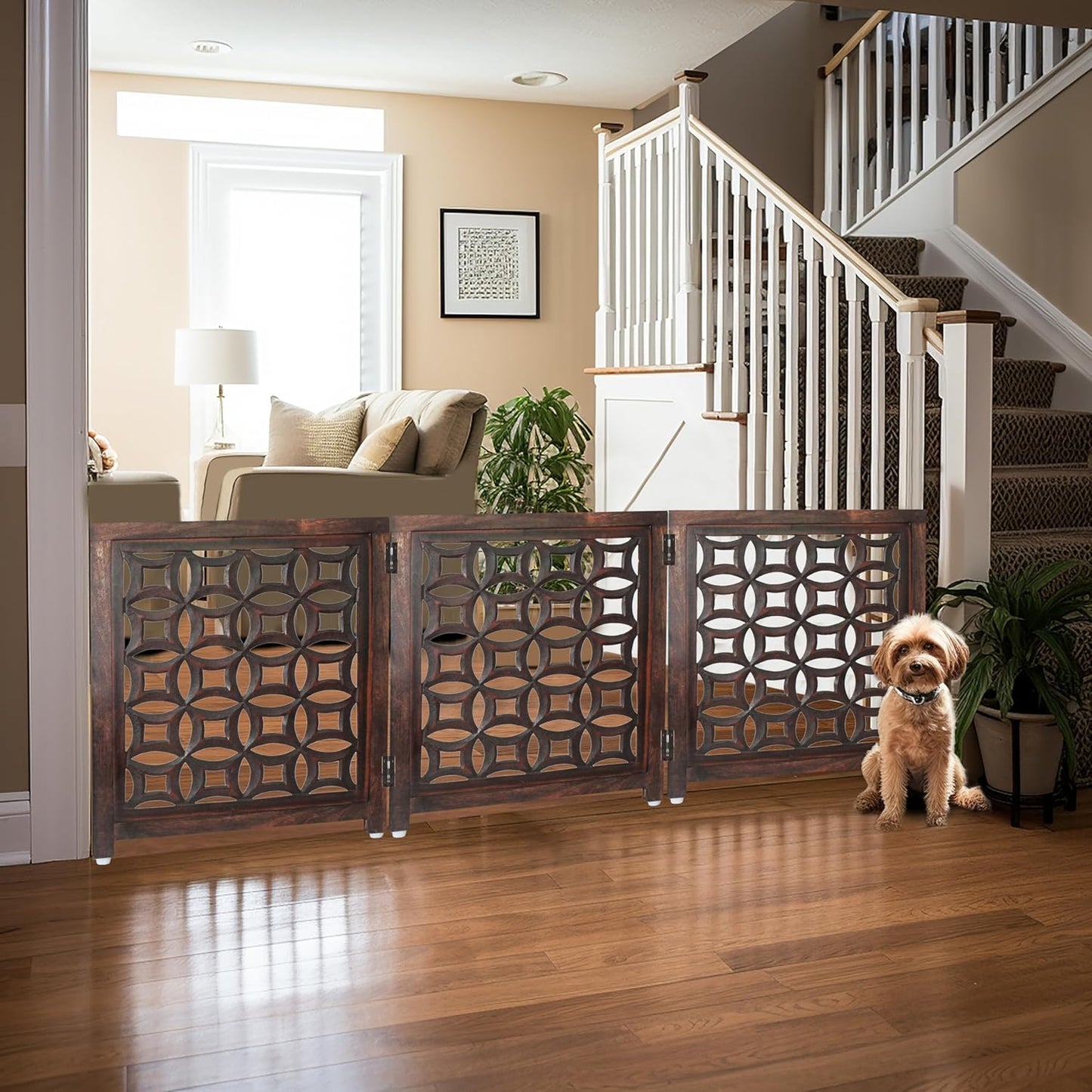Croft&Cane Wooden Foldable Pet Dog Safety Gate – 3 Panel Freestanding Indoor Pet Fence (20 inches W x 24 inches H) – Hand-Carved Solid Wood & MDF – Fully Assembled - Antique Brown