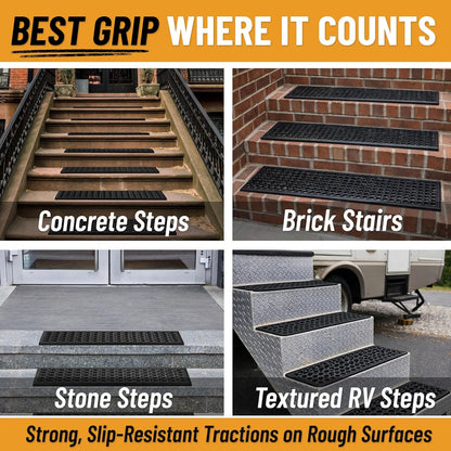 Ottomanson Outdoor Bullnose Stair Treads – Ribbed Heavy-Duty Non Slip Stair Mats – Strong Grip for Concrete, Brick & Textured Steps – Requires Fastening on Wooden & RV Steps, Pack of 5