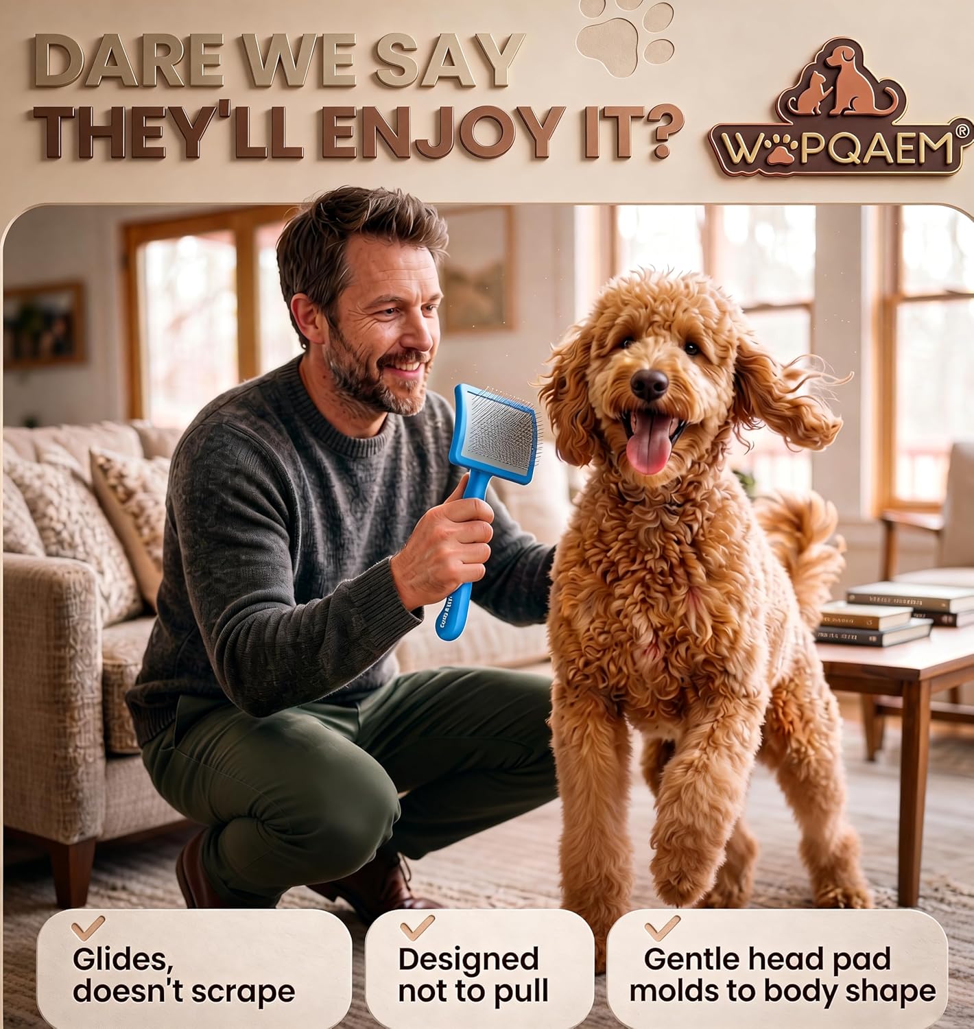 Slicker Brush for Doodles and Poodles - 2-Piece Solid Wood Dog Grooming Set with Extra Long Pin Dematting Tool and Metal Comb for Curly, Matted & Thick Hair, Purple