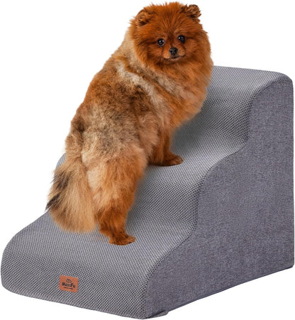 Gray Curved Dog Stairs Ramp for High Beds 28.7" H, 5-Step Dog Steps for Small Dogs and Cats, Pet Stairs for High Bed Climbing, Non-Slip Balanced Pet Step